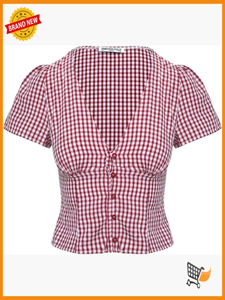 Gingham Cap Sleeve V-Neck Blouse With Button Front